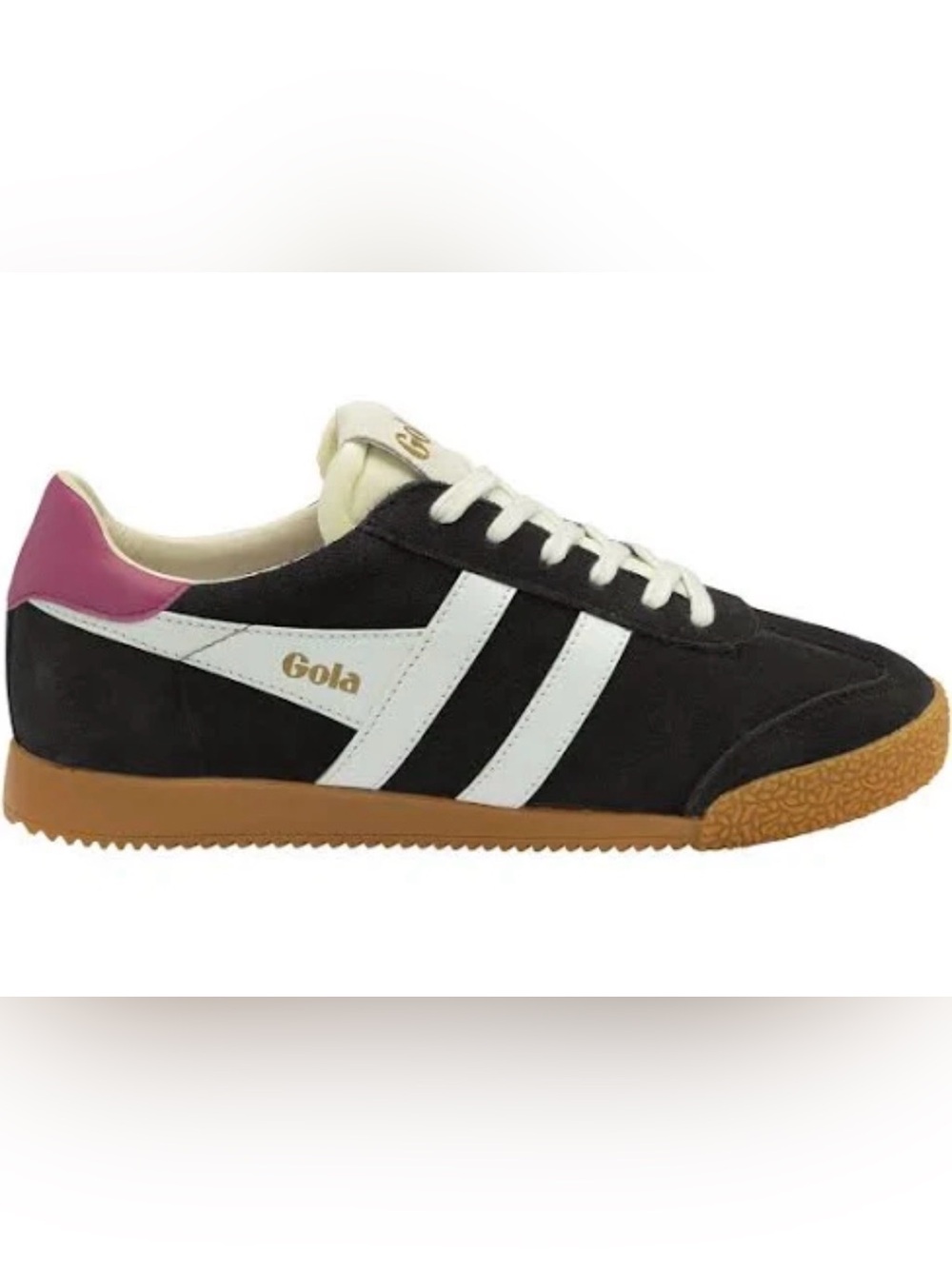 Gola Black Suede Sneakers with White Stripes and Gum Sole